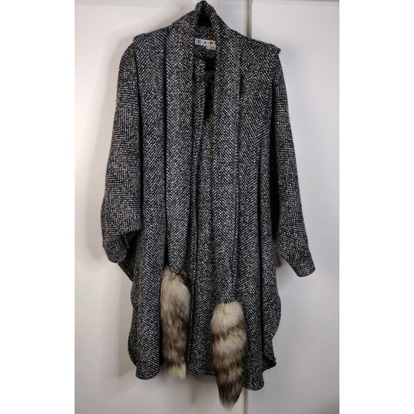 Vintage 80s Grey Black White Wool Swing Trapeze Coat Fox Fur Tail Trim Sz L OS - Picture 5 of 16